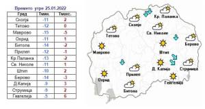 Времето утре сончево и многу студено , во Битола до -14 степени